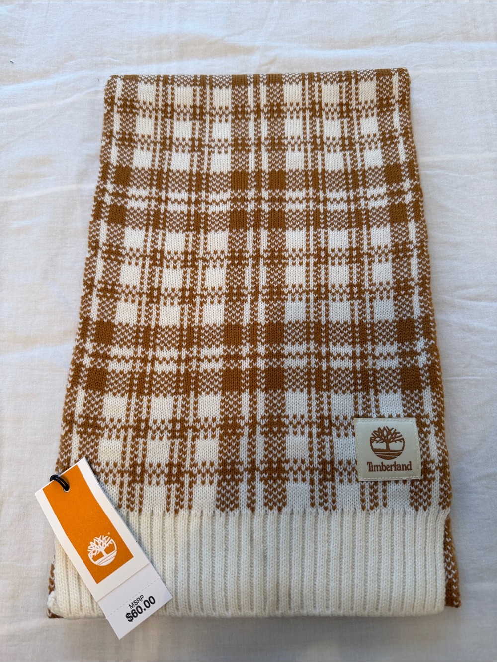 Timberland Cream and Brown Plaid Knit Scarf with Logo Patch